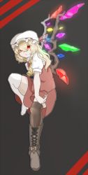 Rule 34 | 1girl, asymmetrical footwear, asymmetrical legwear, black thighhighs, blonde hair, boots, claws, flandre scarlet, hiedanotsukai, looking at viewer, mismatched footwear, mismatched legwear, parted lips, red eyes, shoes, side ponytail, single boot, single shoe, skirt, solo, thighhighs, touhou, vest, white thighhighs, wings