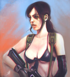 Rule 34 | 1girl, andrea s., bikini, breasts, brown hair, chromatic aberration, cleavage, collarbone, elbow gloves, front-tie bikini top, front-tie top, gloves, green eyes, gun, konami, lips, metal gear (series), metal gear solid v: the phantom pain, nose, parted lips, photorealistic, ponytail, quiet (metal gear), realistic, rifle, single elbow glove, sniper rifle, solo, suspenders, swimsuit, torn clothes, upper body, watermark, weapon