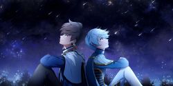Rule 34 | 2boys, back-to-back, black pants, black shirt, brown hair, cape, closed mouth, from side, highres, kikku1128, long sleeves, looking up, male focus, mikleo (tales), multiple boys, pants, profile, shirt, short hair, silver hair, sitting, sky, smile, sorey (tales), star (sky), starry sky, tales of (series), tales of zestiria, white cape, white pants