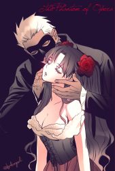 Rule 34 | 1boy, 1girl, archer (fate), breasts, brown hair, byulrorqual, cleavage, corset, dark background, dress, fate/stay night, fate (series), flower, hair flower, hair ornament, hetero, hug, hug from behind, kiss, lace-up top, long hair, mask, medium breasts, off-shoulder dress, off shoulder, phantom of the opera, red flower, red rose, rose, tohsaka rin, twitter username, two side up