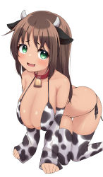 Rule 34 | 1girl, :d, absurdres, alice gear aegis, all fours, animal ears, animal print, bare shoulders, bikini, blush, breasts, brown hair, cleavage, clenched hands, collar, cow ears, cow horns, cow print, cow print bikini, cow print thighhighs, detached sleeves, embarrassed, fang, furrowed brow, green eyes, highres, horns, kaneshiya sitara, large breasts, long hair, looking at viewer, neck bell, open mouth, print bikini, print thighhighs, red collar, sada mamesuke, side-tie bikini bottom, simple background, skin fang, sleeves past wrists, smile, solo, straight hair, sweatdrop, swimsuit, thighhighs, white background, wide sleeves