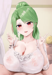 Rule 34 | 1boy, 1girl, absurdres, azur lane, blouse, blush, breasts, camisole, cleavage, commission, covered erect nipples, frilled camisole, frills, green hair, hetero, highres, lace, lace-trimmed shirt, lace trim, large areolae, large breasts, littorio (azur lane), littorio (lounging emerald) (azur lane), looking at viewer, loungewear, multicolored hair, official alternate costume, open mouth, oza osuwari, paid reward available, paizuri, paizuri under clothes, penis, ponytail, pov, pov crotch, precum, red eyes, see-through, shirt, skeb commission, smile, solo focus, streaked hair, white camisole, white shirt