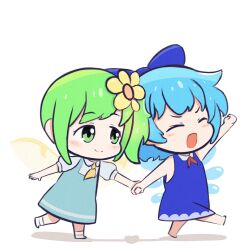 Rule 34 | 2girls, :o, ^ ^, arm up, ascot, barefoot, blue bow, blue dress, blue hair, blush, bow, chibi, cirno, closed eyes, closed mouth, daiyousei, detached wings, dress, esthoric, fairy wings, film grain, flower, full body, green eyes, green hair, hair bow, hair flower, hair ornament, heart, highres, holding hands, ice, ice wings, multiple girls, no nose, pinafore dress, puffy short sleeves, puffy sleeves, red bow, romaji commentary, shadow, short hair, short sleeves, side ponytail, simple background, sleeveless, sleeveless dress, smile, socks, standing, standing on one leg, tareme, touhou, v-shaped eyebrows, walking, white background, white socks, wings, yellow ascot