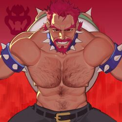 Rule 34 | 0puggo, 1boy, abs, absurdres, bara, beard, bowser, bowser logo, come hither, cowboy shot, evil smile, facial hair, grin, hairy, highres, humanization, large pectorals, leaning forward, looking at viewer, male focus, mario (series), mature male, muscular, muscular male, navel, navel hair, nintendo, nipples, pectorals, red hair, short hair, silhouette, smile, solo, stomach, thick beard, thick chest hair, thick eyebrows, topless male, wrinkled skin
