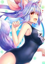 Rule 34 | 10s, 1girl, :d, animal ears, bare arms, blue hair, blue one-piece swimsuit, blush, breasts, circle, cloud, covered navel, cowboy shot, day, eyebrows, from side, hair between eyes, hair ribbon, heart, highres, i-19 (kancolle), kantai collection, kemonomimi mode, large breasts, long hair, name tag, one-piece swimsuit, open mouth, polka dot, polka dot background, red eyes, ribbon, school swimsuit, skin tight, sky, smile, solo, star (symbol), sun, swimsuit, symbol-shaped pupils, tail, tri tails, u rin