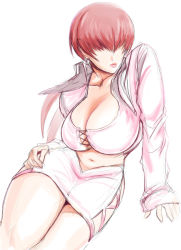Rule 34 | 1girl, breasts, cleavage, cropped jacket, female focus, hair over eyes, invisible chair, large breasts, lips, long hair, midriff, navel, reclining, red hair, shermie (kof), shopyun, simple background, sitting, solo, the king of fighters