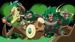 :d animal_focus ape black_background blacknirrow creatures_(company) drum drumsticks evolutionary_line fangs game_freak gen_8_pokemon grookey highres holding holding_drumsticks holding_stick instrument nintendo no_humans open_mouth orange_eyes outline plant_roots pokemon pokemon_(creature) rillaboom smile stick thwackey white_outline yellow_eyes