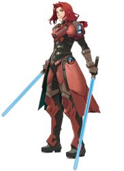 Rule 34 | 1boy, armor, arms at sides, bodysuit, boots, brown eyes, crowe f. almedio, dual wielding, enami katsumi, energy sword, full body, gloves, holding, jpeg artifacts, lightsaber, long hair, male focus, official art, ponytail, red armor, red hair, scan, simple background, solo, star ocean, star ocean the last hope, sword, weapon
