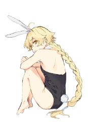 Rule 34 | 1boy, aether (genshin impact), ahoge, alternate costume, animal ears, bare shoulders, barefoot, blonde hair, blush, braid, braided ponytail, crossed arms, detached collar, fake animal ears, fake tail, from behind, genshin impact, hair between eyes, highres, leotard, long hair, looking at viewer, male focus, male playboy bunny, mamt56, open mouth, playboy bunny, ponytail, rabbit ears, rabbit tail, simple background, tail, trap, white background