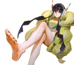 Rule 34 | 1girl, aqua eyes, aqua shorts, bad id, bad pixiv id, bare legs, bare shoulders, barefoot, black hair, blunt bangs, breasts, coat, creatures (company), crop top, crossed legs, down jacket, dutch angle, elesa (pokemon), feet, foot focus, foreshortening, game freak, gym leader, halterneck, headphones, highres, jacket, ligton1225, looking at viewer, multicolored clothes, nintendo, pokemon, pokemon bw2, puffer coat, shorts, simple background, sitting, small breasts, soles, solo, toes, tsurime, white background, yellow coat