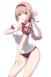 Rule 34 | 1girl, arched back, armband, black ribbon, braid, breasts, buruma, closed mouth, cowboy shot, curvy, fate/grand order, fate (series), female focus, florence nightingale (fate), folded ponytail, gym shirt, gym uniform, hair between eyes, hair ribbon, hairband, head tilt, light brown hair, long hair, looking at viewer, mashima (sumachi), medium breasts, outstretched arm, puffy short sleeves, puffy sleeves, red buruma, red eyes, red hairband, ribbon, shiny skin, shirt, short sleeves, sidelocks, smile, solo, standing, very long hair, white shirt