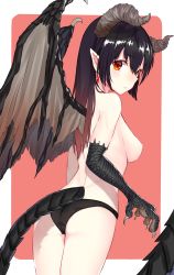 Rule 34 | 1girl, absurdres, ass, bad id, bad pixiv id, black hair, black panties, blush, breasts, claws, commentary request, dragon, dragon claw, dragon girl, dragon horns, dragon tail, dragon wings, earrings, from behind, gem, highres, horns, jewelry, jun (aousa0328), long hair, medium breasts, multicolored hair, no bra, original, pale skin, panties, pointy ears, red eyes, red hair, slit pupils, solo, tail, topless, two-tone hair, underwear, wings