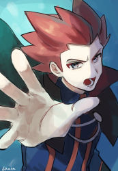 Rule 34 | 1boy, blue jacket, cape, commentary request, creatures (company), game freak, green cape, grey eyes, highres, jacket, keytaro1125, lance (pokemon), looking at viewer, lower teeth only, male focus, nintendo, open mouth, outstretched hand, pokemon, pokemon hgss, red hair, short hair, solo, spiked hair, spread fingers, teeth, tongue