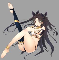 Rule 34 | &gt;;d, 1girl, ;d, aiming, aiming at viewer, anklet, armlet, ass, asymmetrical legwear, bad feet, bare arms, bare legs, bare shoulders, barefoot, black gloves, black hair, black panties, black ribbon, black thighhighs, blush, breasts, cleavage, earrings, elbow gloves, fate/grand order, fate (series), feet, female focus, foreshortening, full body, gloves, grey background, hair ribbon, hand on own shoulder, highres, hoop earrings, index finger raised, ishtar (fate), jewelry, kei (soundcross), knee up, leaning, leaning back, leg up, long hair, looking at viewer, midriff, neck ring, no crown, one eye closed, open mouth, panties, parted bangs, pointing, red eyes, revealing clothes, ribbon, round teeth, shiny skin, simple background, single elbow glove, single glove, single thighhigh, sitting, small breasts, smile, solo, strapless, teeth, thighhighs, thighlet, toe ring, toeless legwear, toes, tohsaka rin, two side up, type-moon, underwear, uneven legwear, v-shaped eyebrows, very long hair, wink