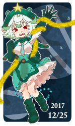 Rule 34 | 1girl, :d, blush, boots, christmas lights, christmas ornaments, dated, dress, full body, gloves, green dress, green footwear, green gloves, green hair, green hat, hand up, hat, highres, looking at viewer, made in abyss, open mouth, prushka, red eyes, short hair, smile, solo, standing, standing on one leg, star (symbol), usuki (usukine1go), waving