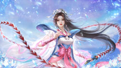 Rule 34 | 1girl, absurdres, brown hair, chi lian (qinshi mingyue), cloud, cloudy sky, dress, earrings, flower, highres, holding, holding weapon, jewelry, jiu bai 1212, long hair, lotus, o-ring dress, ocean, parted lips, ponytail, qinshi mingyue, ribbon, sash, second-party source, see-through, sky, snowing, solo, teeth, tiara, weapon, whip sword, white dress