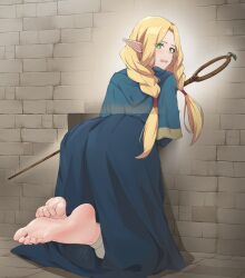Rule 34 | 1girl, absurdres, barefoot, blonde hair, blue capelet, blue robe, blush, braid, capelet, dungeon meshi, elf, eyelashes, feet, foot focus, forehead, foreshortening, full body, green eyes, hair tubes, highres, holding, holding staff, kneeling, looking at viewer, looking back, marcille donato, open mouth, parted bangs, pointy ears, robe, shadow, shijinconghua, soles, staff, sweatdrop, through wall, toe scrunch, toenails, toes, twin braids