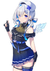 Rule 34 | 1girl, absurdres, amane kanata, bare shoulders, blue eyes, fingerless gloves, gloves, grey hair, highres, hololive, kisara mikami, looking at viewer, short hair, simple background, smile, solo, virtual youtuber, wings