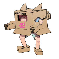 Rule 34 | 1girl, amazon (company), bare legs, bent over, blue shirt, box, brown hair, cardboard box, cardboard box gundam, chexgirlfriend, commentary, d.va (overwatch), drawing, facial mark, green shorts, highres, hunched over, knees, overwatch, overwatch 1, shirt, shorts, simple background, solo, swept bangs, t-shirt, toilet paper tube, whisker markings, white background, | |