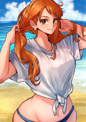 Rule 34 | 1girl, alternate costume, alternate hairstyle, aosora2823, beach, bikini, bikini bottom only, blue bikini, blue sky, blush, breasts, closed mouth, cloud, cloudy sky, commentary, cowboy shot, day, earrings, highres, holding, holding hair, jewelry, long hair, looking at viewer, medium breasts, nami (one piece), nami (one piece) (post-timeskip), ocean, one piece, orange eyes, orange hair, outdoors, shirt, short sleeves, sky, smile, solo, standing, swimsuit, tied shirt, twitter username, white shirt