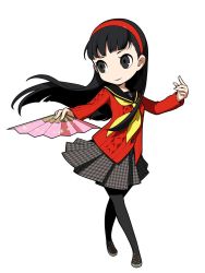 Rule 34 | 1girl, amagi yukiko, aran sweater, ascot, black hair, black pantyhose, blunt bangs, cable knit, full body, hairband, hand fan, highres, houndstooth, long hair, neckerchief, official art, pantyhose, paper fan, persona, persona 4, persona q2: new cinema labyrinth, persona q (series), school uniform, serafuku, simple background, solo, sweater, white background, yasogami school uniform, yellow neckerchief