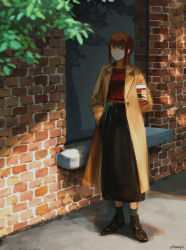 Rule 34 | 1girl, alternate costume, artist name, black footwear, black skirt, braid, brick wall, brown coat, buttons, chain necklace, chainsaw man, champi, coat, cup, full body, hand in pocket, highres, holding, holding cup, jewelry, leaf, looking at viewer, makima (chainsaw man), medium hair, necklace, orange eyes, red hair, red shirt, ringed eyes, shirt, shoes, sidelocks, signature, single braid, skirt, smile, socks, solo, standing, windowsill