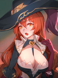 Rule 34 | 1girl, alternate costume, artist name, between breasts, black hat, breasts, character request, check character, commentary request, dress, elbow gloves, fang, gloves, gradient background, hair between eyes, hand up, hat, heart, highres, large breasts, league of legends, long hair, long sleeves, looking at viewer, miss fortune (league of legends), orange eyes, pirate hat, qc pan, red gloves, red hair, skin fang, solo, strap between breasts, tongue, tongue out, upper body