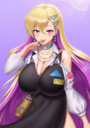Rule 34 | 1girl, :p, absurdres, apron, blonde hair, boryeon (last origin), breasts, choker, colored inner hair, crossed bangs, earrings, gyaru, highres, huge breasts, jewelry, kogal, last origin, leaping (fle8410), long hair, looking at viewer, mole, mole on breast, multicolored hair, name tag, necklace, purple eyes, razor blade, ring, ring necklace, saliva, school uniform, smile, solo, tongue, tongue out, triangle hair ornament, very long hair