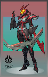 Rule 34 | 1girl, antennae, armor, belt, bodysuit, boots, border, breasts, character name, closed mouth, dorsal fin, full armor, full body, gauntlets, genderswap, genderswap (mtf), gloves, glowing, glowing eyes, gradient background, greaves, grey background, heisei, helmet, highres, holding, holding sword, holding weapon, horns, kamen rider, kamen rider 555, kamen rider faiz, looking at viewer, mask, mecha, medium breasts, monster, monsterification, neon trim, no humans, open hand, pauldrons, polearm, power armor, rcj, red eyes, red scarf, redesign, rider belt, robot, scarf, science fiction, shark fin, shark girl, shield, shoulder armor, signature, small breasts, smile, solo, standing, sword, tokusatsu, weapon, white border, yellow eyes