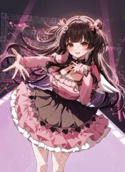 Rule 34 | 1girl, :d, angel wings, black hair, black skirt, blunt bangs, blush, bow, breasts, brown eyes, dress, earrings, hair bow, hair ornament, hands up, heart, heart earrings, heart hair ornament, highres, idol, idolmaster, idolmaster shiny colors, jewelry, kudou (sikisiki0000), large breasts, long hair, looking at viewer, mayuzumi fuyuko, open mouth, outstretched arm, pink bow, pink dress, pleated skirt, skirt, smile, solo, stage, stage lights, two side up, wings