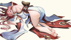Rule 34 | 1girl, absurdres, all fours, animal ears, ass, barefoot, breasts, cy9, detached sleeves, dress, feet, floral print, from behind, full body, genshin impact, hair between eyes, hair ornament, highres, large breasts, long hair, long sleeves, looking at viewer, nail polish, pink hair, purple eyes, sideboob, simple background, soles, solo, toes, white background, white dress, yae miko