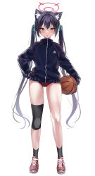 Rule 34 | 1girl, ball, basketball, basketball (object), black hair, blue archive, buruma, full body, gloves, halo, highres, jacket, knee pads, looking at viewer, open mouth, ponpon nun, red eyes, serika (blue archive), shoes, simple background, solo, sportswear, standing, twintails, white background