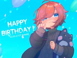 Rule 34 | 1boy, ahoge, aran sweater, balloon, black jacket, blue background, blue eyes, brown hair, cable knit, character name, chibi, closed mouth, confetti, dated, eyebrows hidden by hair, grey sweater, hair over one eye, happy birthday, jacket, kanae (nijisanji), kiduta cielo, long sleeves, looking at viewer, male focus, nijisanji, hugging object, open clothes, open jacket, roto (kanae), sleeves past wrists, solo, stuffed animal, stuffed cat, stuffed toy, sweater, turtleneck, turtleneck sweater, upper body, virtual youtuber