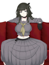 Rule 34 | 1futa, absurdres, black gloves, black hair, breasts, clothes, couch, dark green hair, futanari, girls&#039; frontline, gloves, green eyes, highres, jormungand (girls&#039; frontline), large breasts, long hair, looking at viewer, on couch, physisyoon, simple background, sitting, solo
