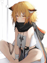 Rule 34 | 1girl, absurdres, animal ear fluff, animal ears, arknights, bandaged arm, bandages, bare legs, bare shoulders, black cape, black shorts, blonde hair, blush, cape, closed mouth, ears down, feet out of frame, fox ears, fox girl, fox tail, hair ornament, hairclip, highres, hood, hood down, hooded cape, jewelry, looking at viewer, material growth, necklace, oripathy lesion (arknights), short hair, short shorts, shorts, sitting, skindentation, solo, strapless, tab head, tail, thigh strap, v-shaped eyebrows, vermeil (arknights), yellow eyes