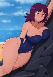 Rule 34 | 1girl, alternate breast size, beach, blue one-piece swimsuit, blue sky, breast press, breasts, creatures (company), curvy, game freak, large breasts, lips, looking at viewer, nintendo, one-piece swimsuit, philena ivy, pokemon, pokemon (anime), pokemon (classic anime), purple eyes, purple hair, shiny skin, sky, smile, spiked hair, swimsuit, thick thighs, thighs, truewaifu, water, wide hips