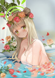 Rule 34 | 1girl, absurdres, bathing, blonde hair, blue archive, breasts, cleavage, completely nude, convenient censoring, flower, green eyes, hair flower, hair ornament, halo, highres, large breasts, long hair, looking at viewer, nonomi (blue archive), nude, partially submerged, petals, pparong e, rose, rose petals, smile, solo, twitter username, water