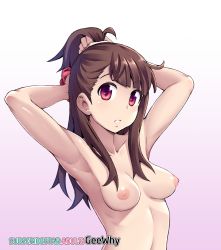 Rule 34 | 1girl, armpit focus, armpits, arms up, artist name, breasts, brown hair, geewhy, gradient background, hands in hair, highres, kagari atsuko, little witch academia, looking at viewer, nipples, nude, parted lips, pink background, red eyes, short hair, small breasts, solo, teeth, tying hair, upper body, watermark, web address