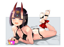 Rule 34 | 1girl, ankle ribbon, apple inc., ass, barefoot, barefoot sandals (jewelry), blunt bangs, breasts, butt crack, fangs, fate/grand order, fate (series), feet, full body, horns, kana, leg ribbon, looking at viewer, lying, no shoes, on stomach, oni, open mouth, purple eyes, purple hair, ribbon, short hair, shuten douji (fate), skin-covered horns, small breasts, smile, soles, solo, the pose, toes, twitter username