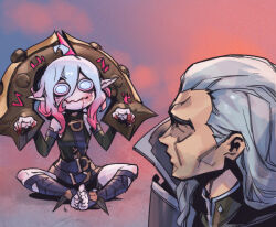 Rule 34 | 1boy, 1girl, ahoge, belt, black belt, black jacket, blood on mouth, briar (league of legends), closed mouth, colored sclera, colored skin, commentary, detached sleeves, feet, grey hair, hair between eyes, hair slicked back, jacket, league of legends, long hair, looking at another, looking at viewer, no pupils, phantom ix row, pink hair, pointy ears, red sclera, sidelocks, sitting, spread legs, stirrup legwear, swain (league of legends), symbol-only commentary, toeless footwear, toeless legwear, toes, vampire, white eyes, wrist cuffs