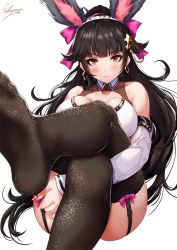 Rule 34 | 1girl, animal ears, ass, azur lane, bare shoulders, black hair, black thighhighs, blush, bow, breasts, brown eyes, collar, collarbone, commentary request, crossed legs, earrings, fake animal ears, foot up, garter straps, glitter, gold, hair bow, hair flaps, hair ornament, headband, highres, holding legs, jewelry, lace, lace-trimmed legwear, lace trim, large breasts, leotard, light particles, long hair, looking at viewer, nail polish, pillow, pink bow, playboy bunny, ponytail, rabbit ears, red nails, sakiyamama, signature, simple background, solo, star (symbol), star hair ornament, studded, takao (azur lane), thighhighs, very long hair, white background, wrist cuffs