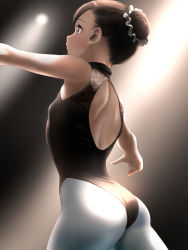 Rule 34 | 1girl, ass, athletic leotard, backless leotard, backless outfit, ballerina, ballet, bare arms, bare shoulders, brown eyes, brown hair, brown leotard, bun cover, commentary request, from behind, hair bun, hair ornament, hair scrunchie, highres, leotard, mole, mole under eye, original, pantyhose, scrunchie, short hair, single hair bun, solo, stage lights, standing, tama (tamago), white pantyhose