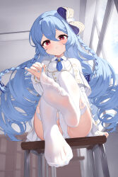 Rule 34 | 1girl, absurdres, arm support, black ribbon, blue hair, blue nails, blue necktie, blurry, blurry background, blush, bow, braid, capelet, chair, collared shirt, commentary request, day, double-parted bangs, feet, flat chest, floating hair, foot focus, foreshortening, getabako, hair between eyes, hair bow, hair ribbon, hectyne, highres, indoors, jacket, kia, knee up, long hair, long sleeves, looking down, nail polish, necktie, no shoes, on chair, original, panties, pantyshot, pink pupils, red eyes, ribbon, school chair, shirt, short necktie, side braids, sitting, soles, solo, striped bow, teeth, thighhighs, toenail polish, toenails, toes, underwear, very long hair, white bow, white capelet, white jacket, white panties, white shirt, white thighhighs, window