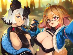 Rule 34 | 2girls, :d, ahoge, animal ears, black-framed eyewear, black hair, blue eyes, blue jacket, bonnie (bunny gif), breasts, carrot hair ornament, character request, commentary, cropped jacket, english commentary, fingerless gloves, food-themed hair ornament, fur trim, glasses, gloves, hair between eyes, hair ornament, hairclip, highres, holding hands, indie virtual youtuber, interlocked fingers, jacket, jewelry, large breasts, long hair, looking at viewer, medium breasts, multicolored eyes, multicolored hair, multiple girls, navel, necklace, open clothes, open jacket, open mouth, optionaltypo, orange hair, outdoors, pink hair, rabbit ears, red eyes, selfie, semi-rimless eyewear, short hair, smile, tail, two-tone hair, under-rim eyewear, virtual youtuber, white hair