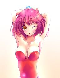 Rule 34 | 1girl, armpits, arms up, breasts, brown eyes, collarbone, highres, leotard, medium breasts, one eye closed, pink hair, quinty, quinty (character), red leotard, short hair, smile, solo, white background, wink, x.x