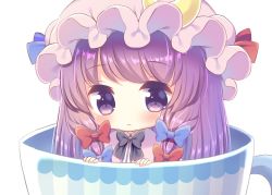 Rule 34 | 1girl, :&lt;, black bow, black bowtie, blue bow, bow, bowtie, chibi, closed mouth, crescent, crescent pin, cup, eyelashes, hair bow, hat, in container, in cup, kagome f, long hair, looking at viewer, low-tied long hair, mini person, minigirl, mob cap, patchouli knowledge, pink hat, purple eyes, purple hair, red bow, simple background, solo, tareme, teacup, touhou, upper body, very long hair, white background