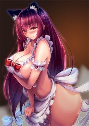 Rule 34 | 1girl, animal ears, apron, apron pull, blush, breast hold, breasts, bridal garter, cat ears, cleavage, clothes pull, commentary request, fate/grand order, fate (series), large breasts, long hair, looking at viewer, naked apron, navel, purple hair, red eyes, saboten teishoku, scathach (fate), sideboob, solo, very long hair