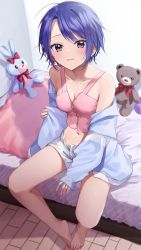 Rule 34 | 1girl, absurdres, akira (jitsuimo), bare legs, bare shoulders, barefoot, bed, bedside, blue hair, blue jacket, blush, breasts, brown eyes, chigusa minori, cleavage, closed mouth, collarbone, cropped shirt, duplicate, from above, full body, hair ornament, hairclip, highres, indoors, jacket, jacket partially removed, jitsu wa imouto deshita., light smile, long sleeves, looking at viewer, looking up, medium breasts, midriff, nail polish, navel, no bra, novel illustration, off shoulder, official art, on bed, open clothes, open fly, open jacket, partially unzipped, pillow, pink nails, pink shirt, shadow, shirt, short hair, short shorts, shorts, sidelocks, sitting, sleeves past wrists, solo, stuffed animal, stuffed rabbit, stuffed toy, swept bangs, tank top, teddy bear, toes, tsurime, white shorts, zipper, zipper pull tab