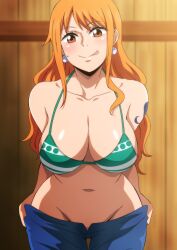 Rule 34 | 1girl, :p, arm tattoo, bikini, bikini top only, blue pants, breasts, brown eyes, closed mouth, clothes pull, collarbone, denim, earrings, green bikini, groin, hara (harayutaka), highres, jeans, jewelry, large breasts, leaning forward, looking at viewer, nami (one piece), navel, one piece, orange hair, pants, pants pull, smile, solo, stomach, sweatdrop, swimsuit, tattoo, tongue, tongue out