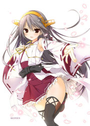 Rule 34 | 10s, 1girl, bare shoulders, blush, detached sleeves, frilled skirt, frills, grey hair, hair ornament, hairclip, hand on own chest, haruna (kancolle), headgear, inugami kira, japanese clothes, jewelry, kantai collection, lace, lace-trimmed legwear, lace trim, long hair, looking at viewer, nontraditional miko, outstretched hand, petals, pleated skirt, red skirt, ring, skirt, smile, solo, thighhighs, wedding band, white background